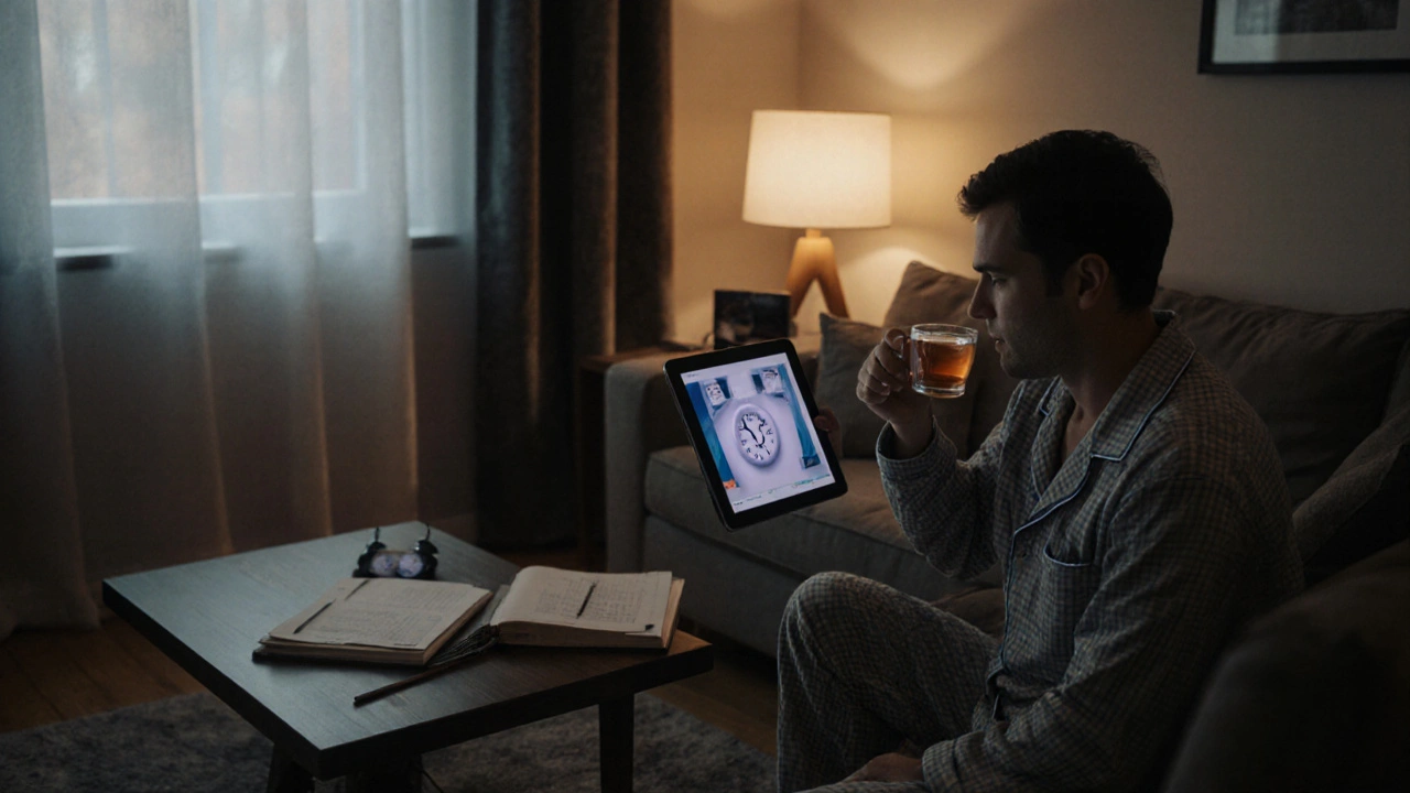 Взрослый человек учится вечером за планшетом, пьёт чай, без расписания.
