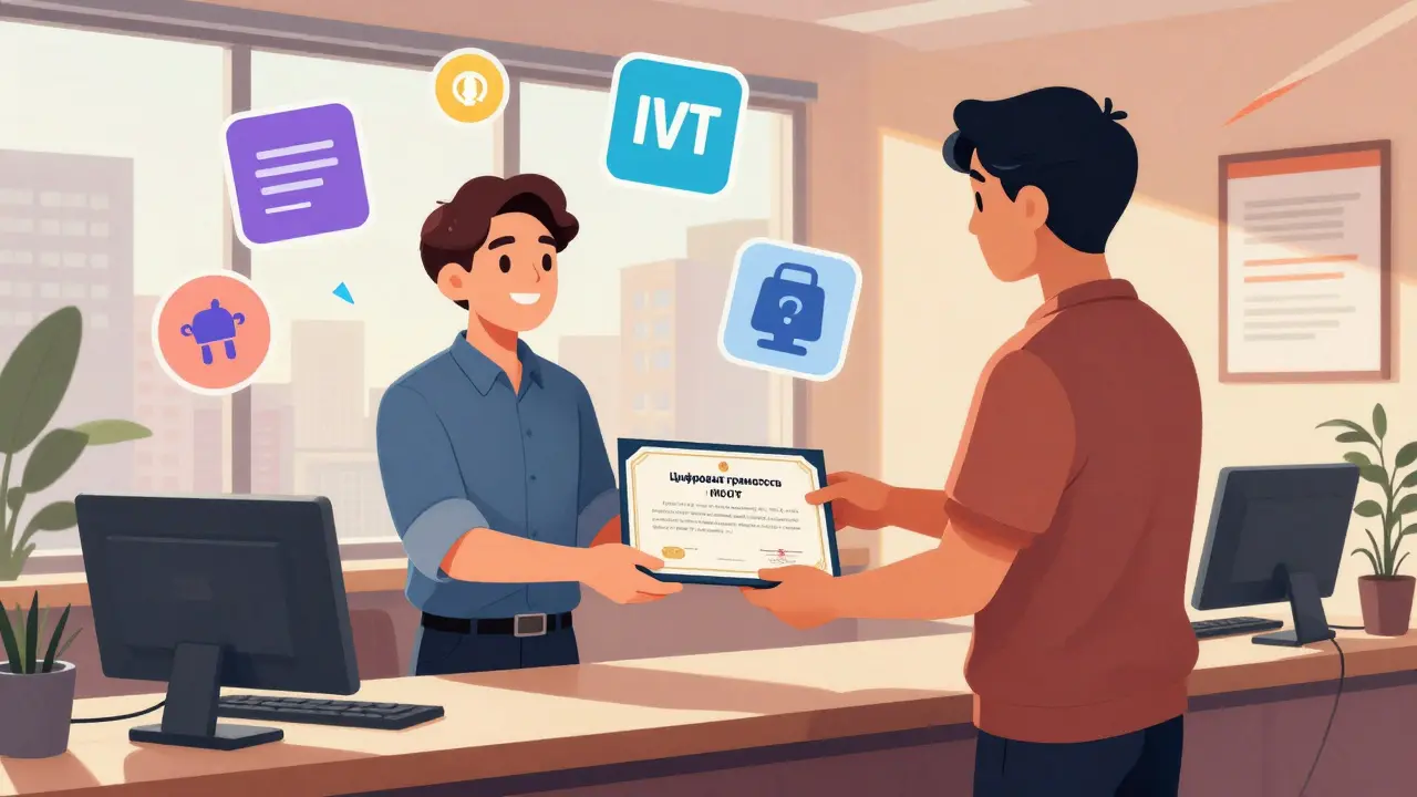 Человек получает сертификат о цифровой грамотности в центре занятости, вокруг — иконки курсов по IT и маркетингу.