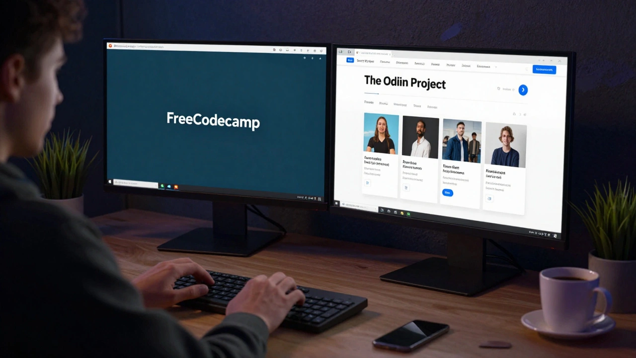 Человек создает портфолио на GitHub, используя бесплатные ресурсы FreeCodeCamp и The Odin Project.