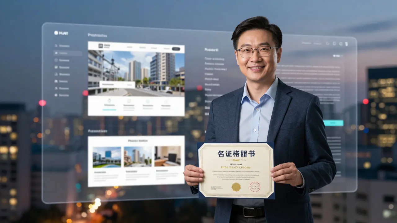 Человек в возрасте держит сертификат, перед ним — портфолио с реальными проектами: сайт, дашборд, рекламная кампания.