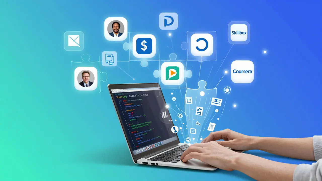 Цифровые курсы собираются как пазл вокруг ноутбука с кодом, графиками и дизайном — символ онлайн-обучения.