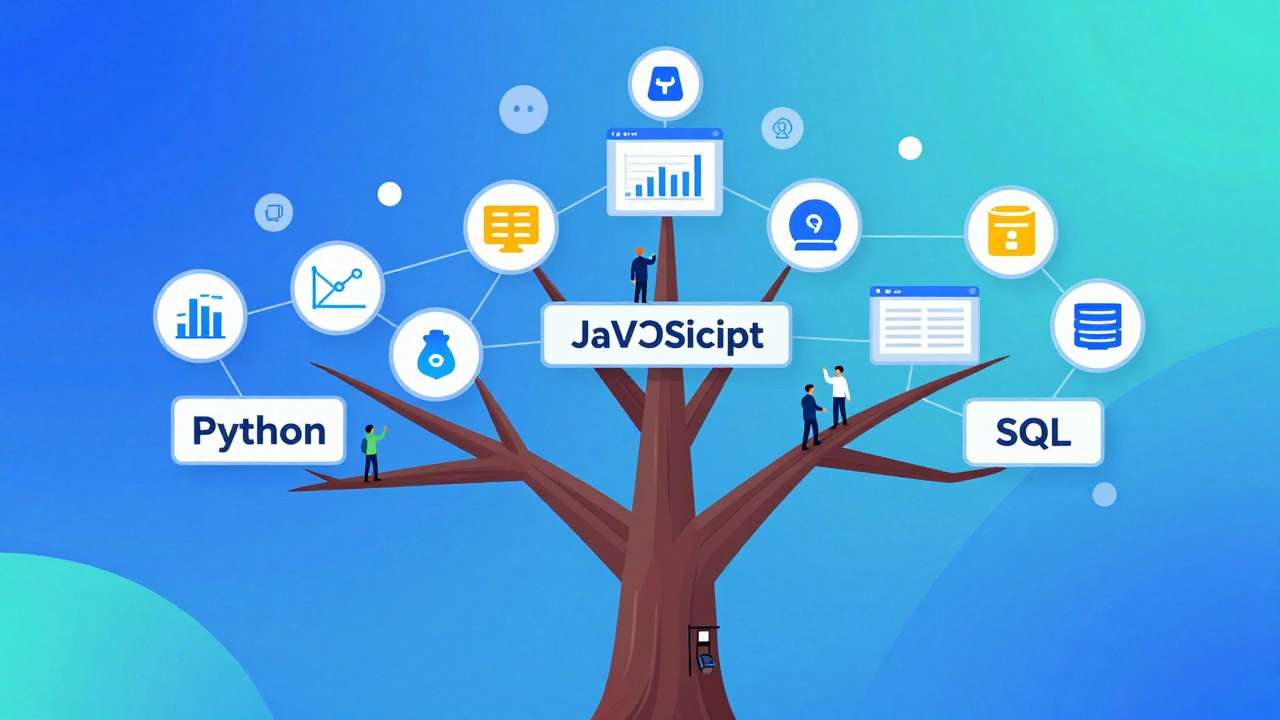 Дерево карьеры в программировании с тремя ветвями: Python, JavaScript и SQL, символизирующее рост в IT.