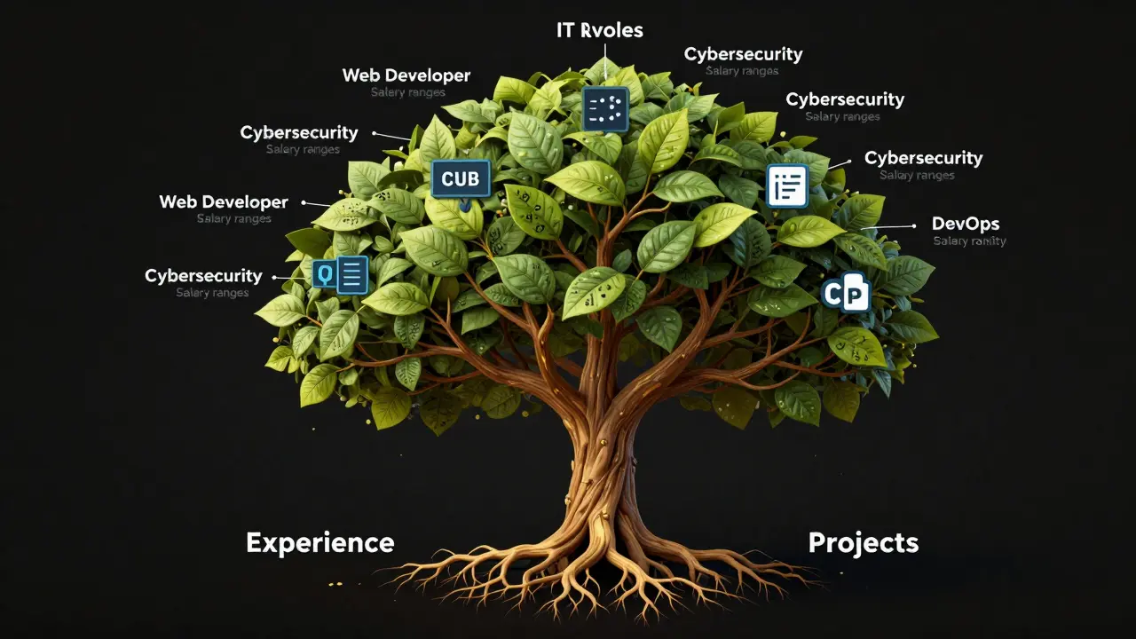Дерево с ветвями-ролями в IT, где DevOps и кибербезопасность самые высокие, с зарплатами и GitHub-листьями.
