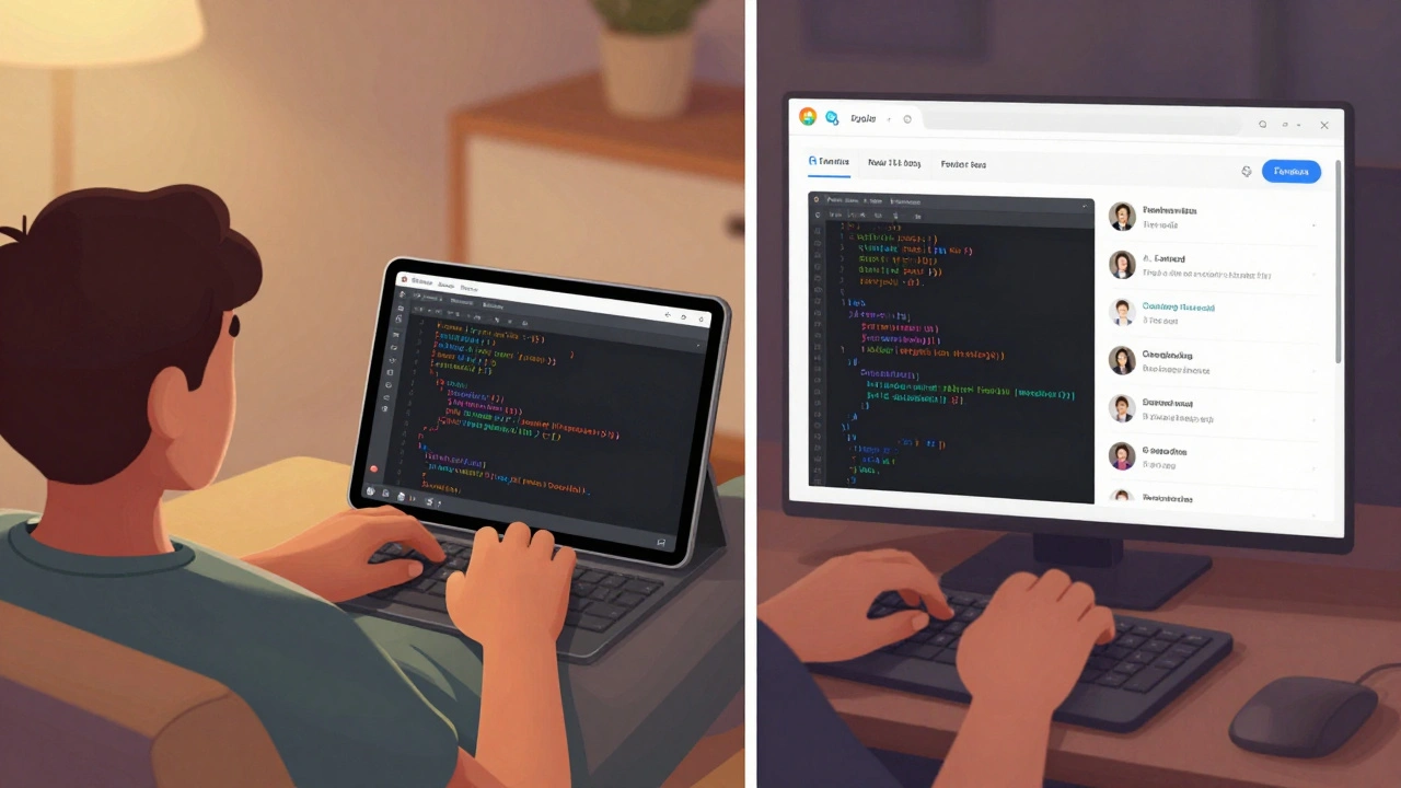 Два действия: студент смотрит лекцию и одновременно пишет код, рядом — обсуждение с другими учениками.