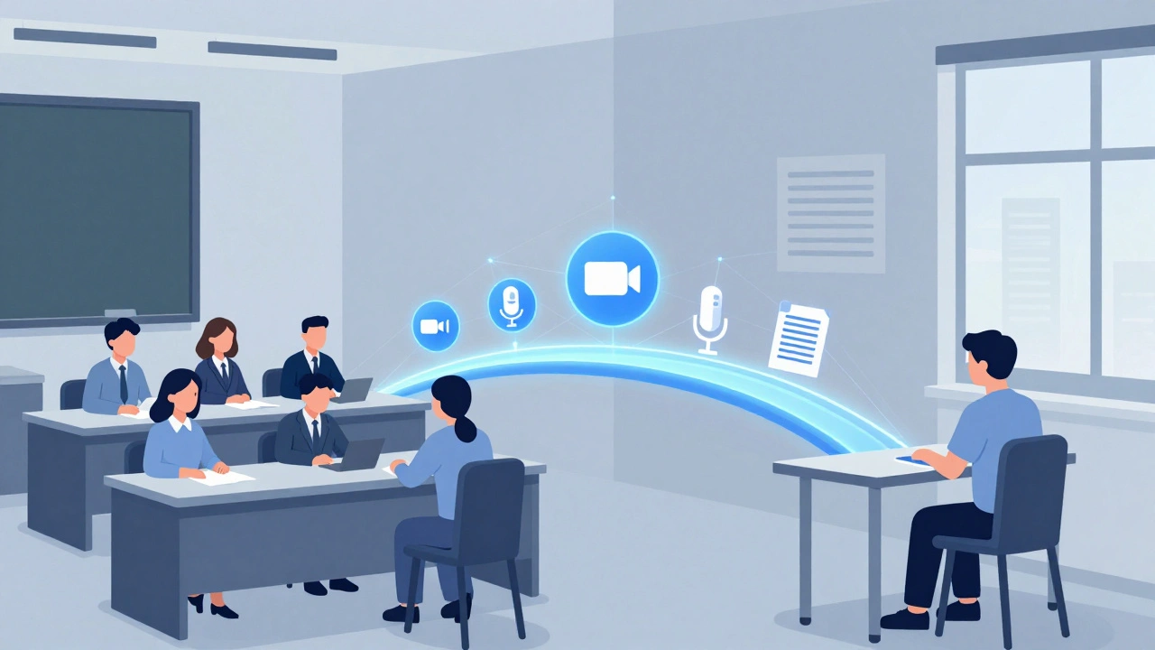 Двухчастная иллюстрация: комиссия в аудитории и студент дома соединены цифровым мостом с иконками видеосвязи и файла диплома.