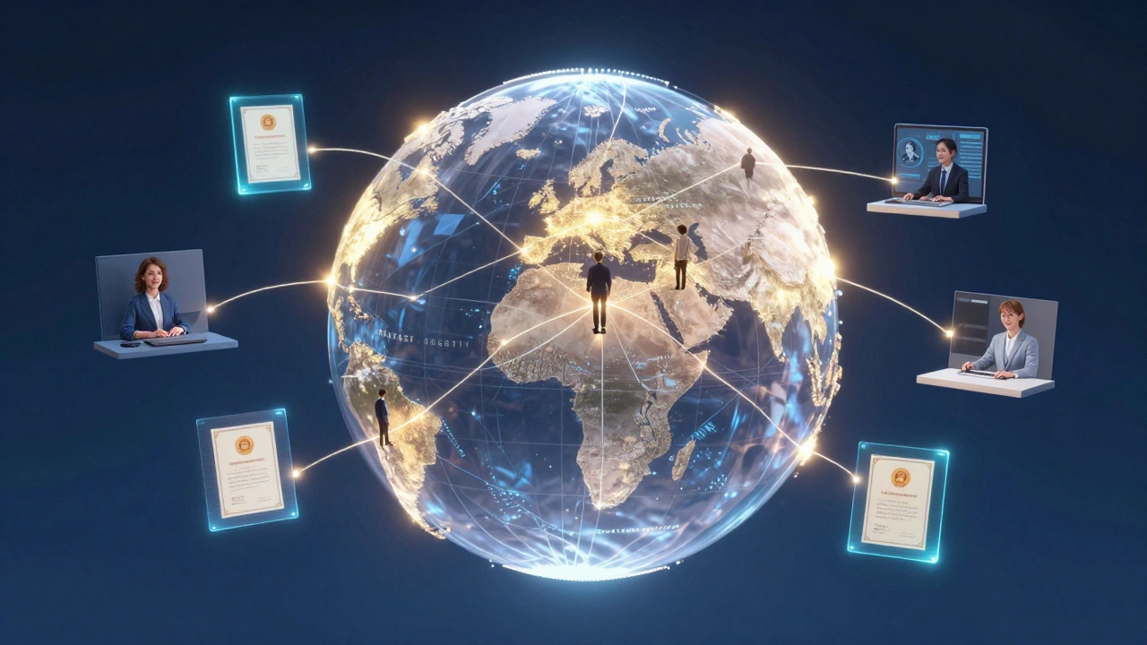 Глобус с цифровыми связями между студентами по всей России, над ними — виртуальные дипломы.