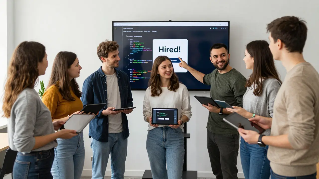 Группа людей демонстрируют портфолио в коворкинге, на экране — уведомление о трудоустройстве.