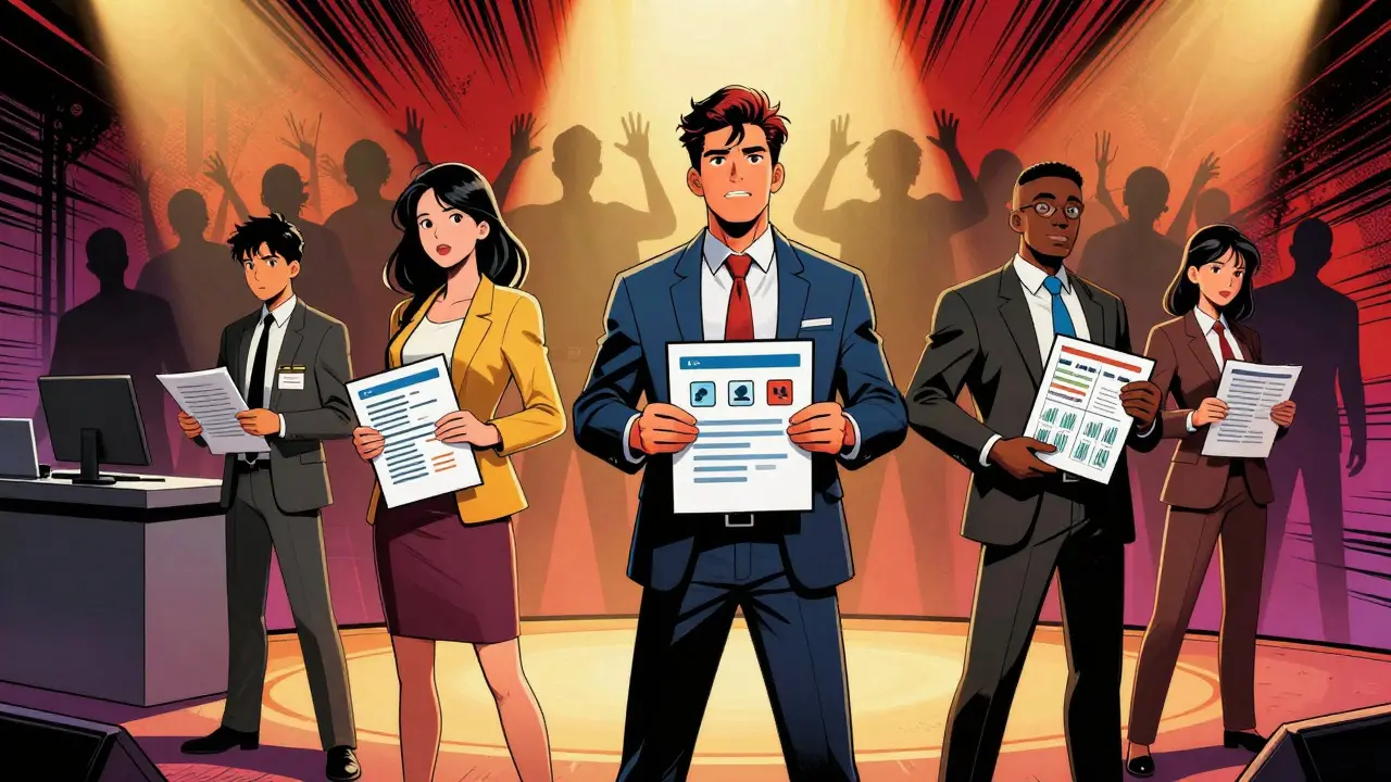 Группа людей с портфолио на сцене, тени сомнений исчезают за ними — символ перехода в IT без опыта.