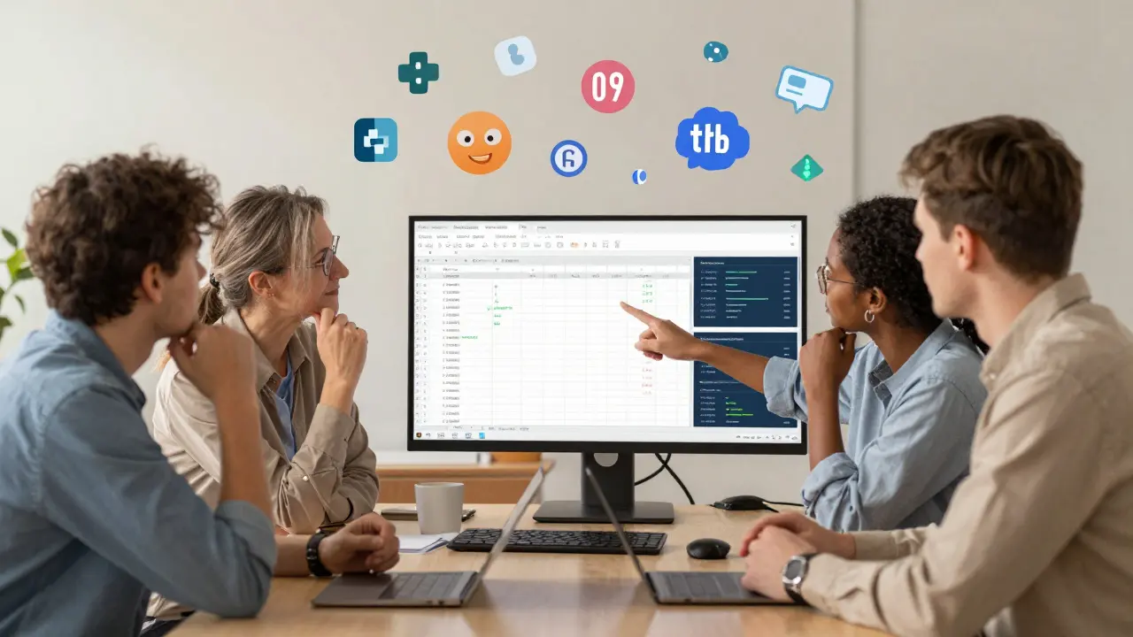 Группа взрослых профессионалов в офисе смотрят на экран с автоматизированными отчётами