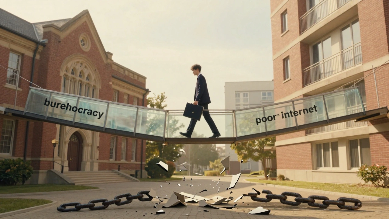 Хрупкий стеклянный мост между университетом и квартирой, студент пересекает его с дипломом, разбитые цепи вокруг — символ преодоления препятствий.