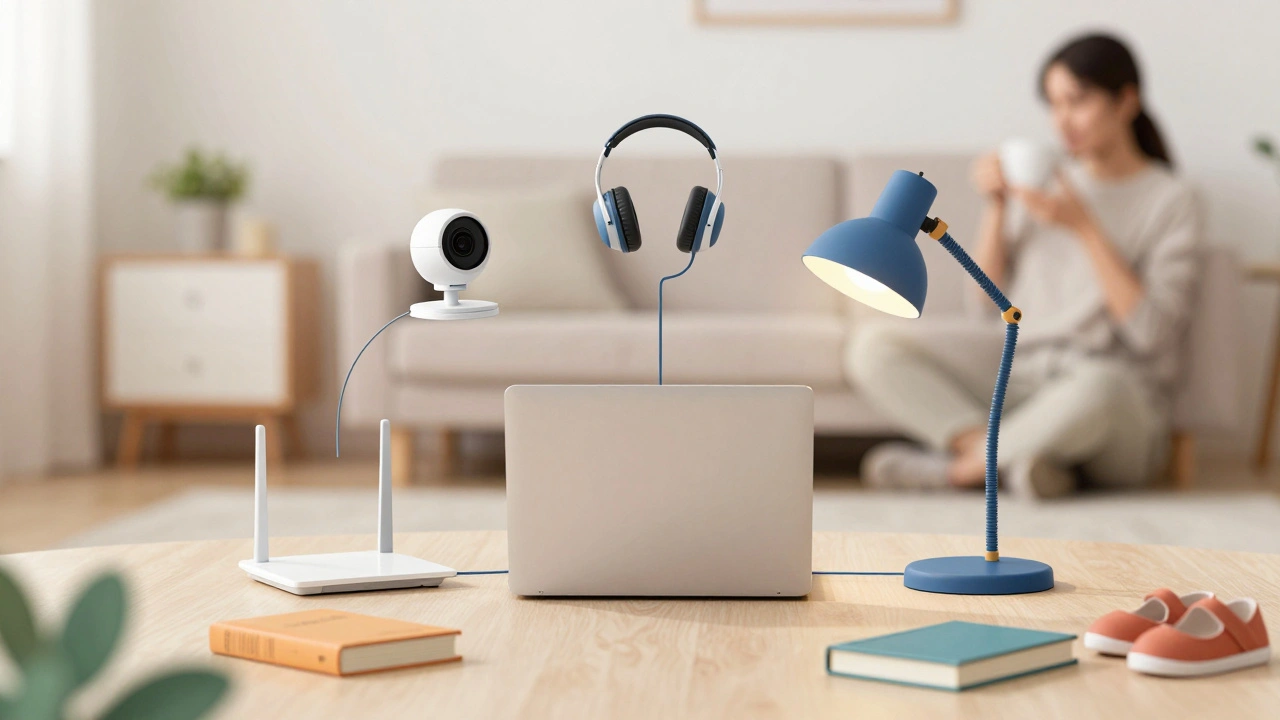 Концептуальная сцена учебного пространства: техника и аксессуары соединены символическими линиями, окружающие тихий домашний интерьер.