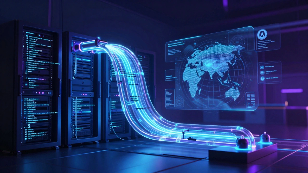 Неоновые потоки кода на Go питают глобальную инфраструктуру в футуристическом серверном зале.