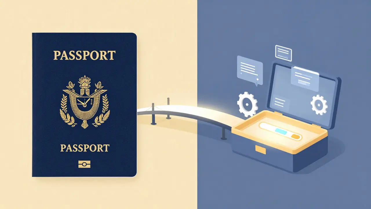 Паспорт и инструменты соединены световым мостом — символ онлайн и виртуального обучения.