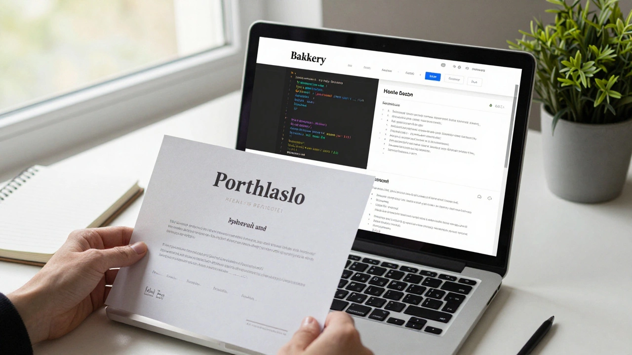 Печатный сертификат рядом с экраном, на котором показан реальный веб-проект — сайт пекарни.