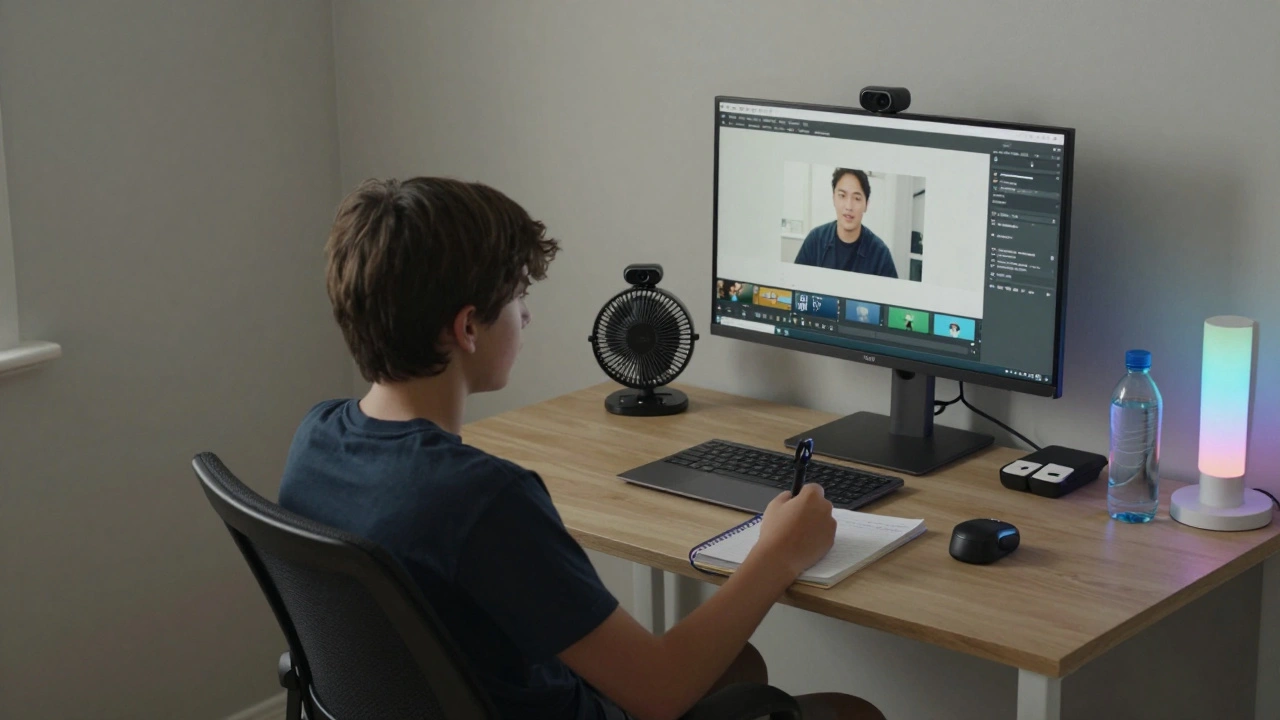 Подросток занимается с двумя мониторами, на стуле с поддержкой спины, рядом — вентилятор и зарядное устройство.