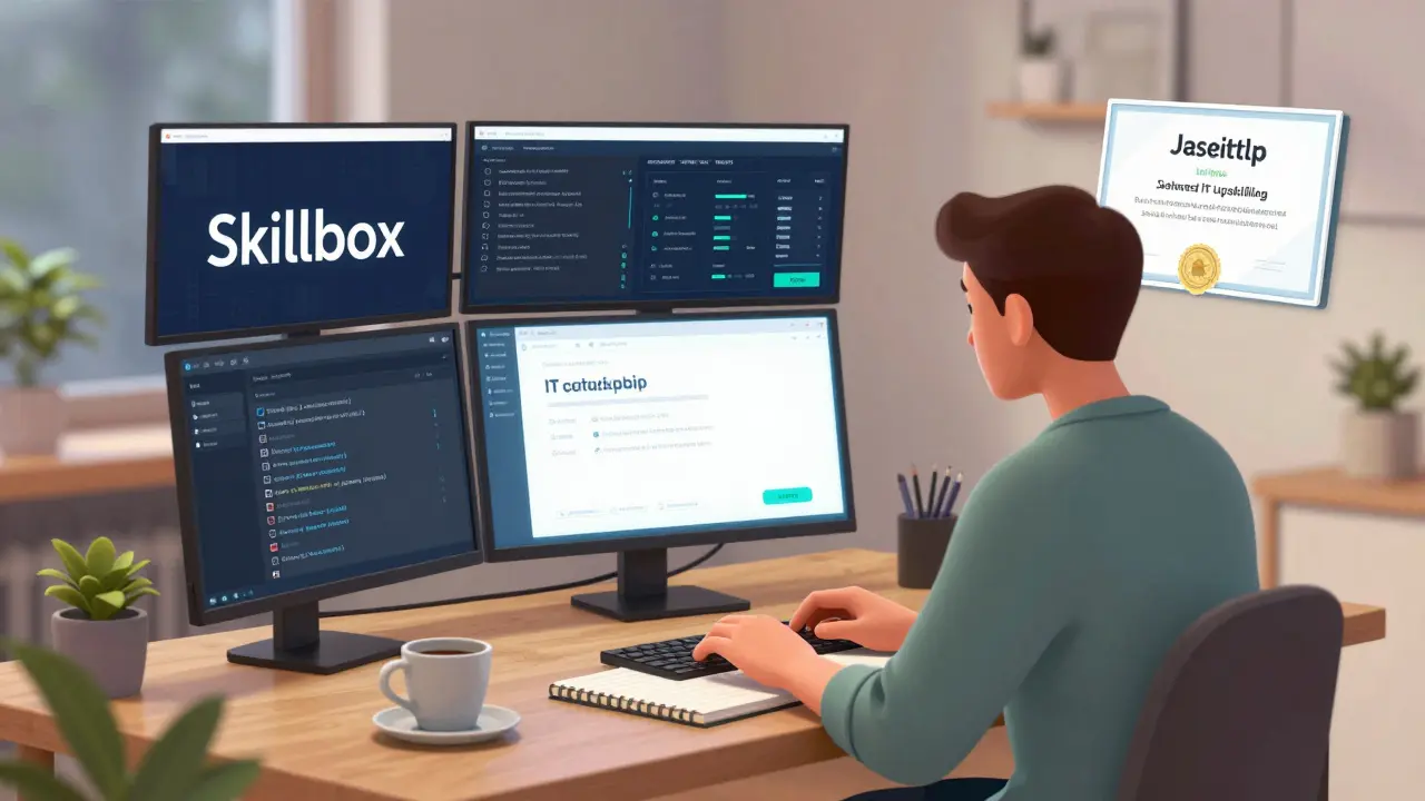Профессионал в домашнем офисе учится по онлайн-курсам, за ним — экраны с кодом и сертификатами.