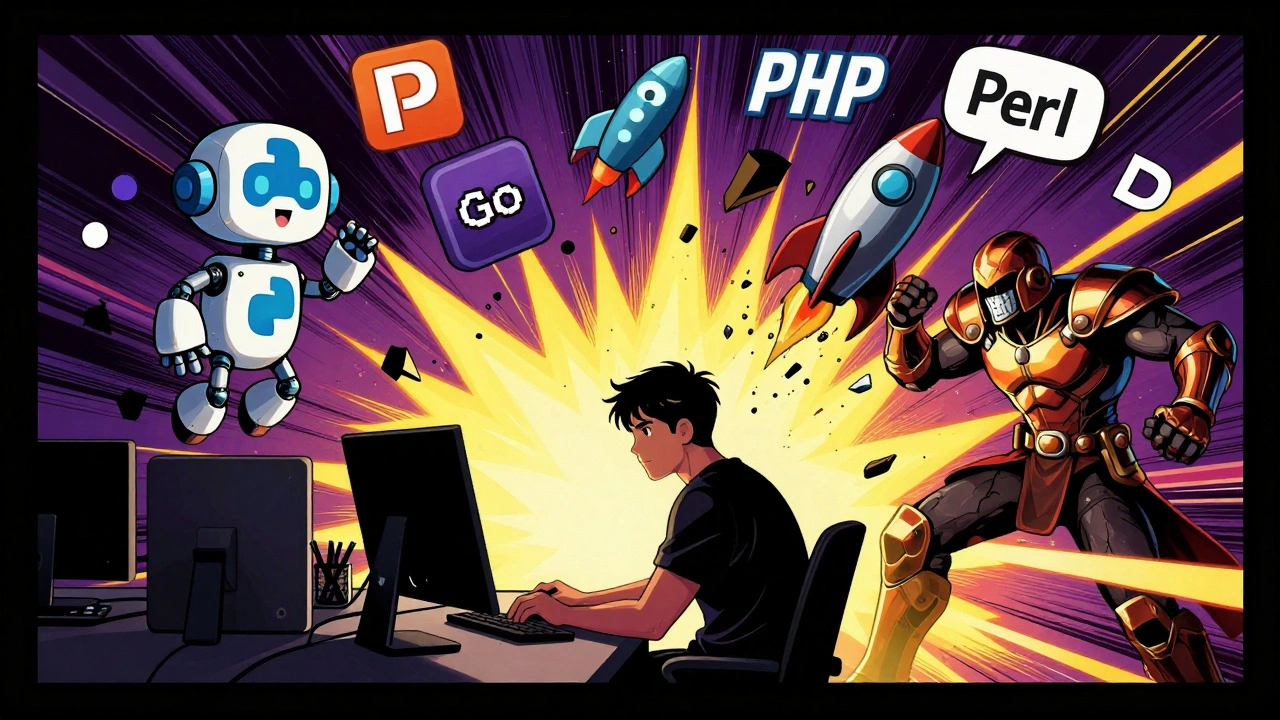 Программист в ночном офисе сражается с ошибками, вокруг него летают персонифицированные языки программирования.