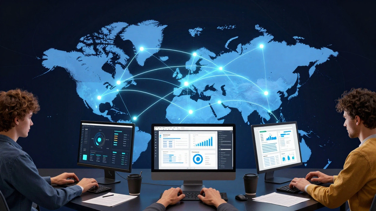 Разные IT-профессии соединены цифровыми потоками над картой России.