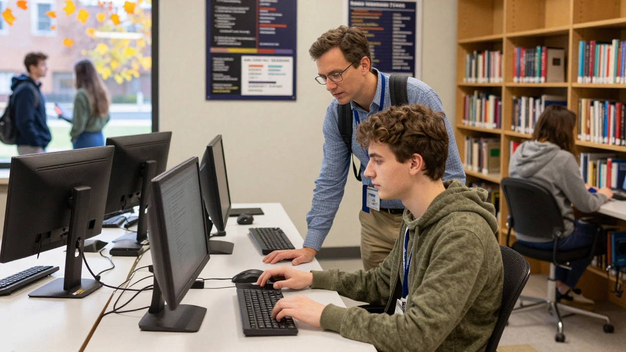 Российский студент работает в кампусе США, помогая профессору с цифровой платформой.