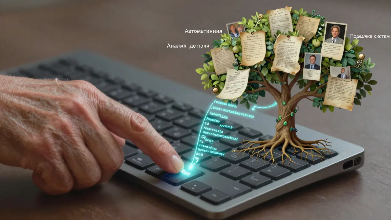 Рука нажимает кнопку 'Run', из кода растёт дерево с метками навыков программирования