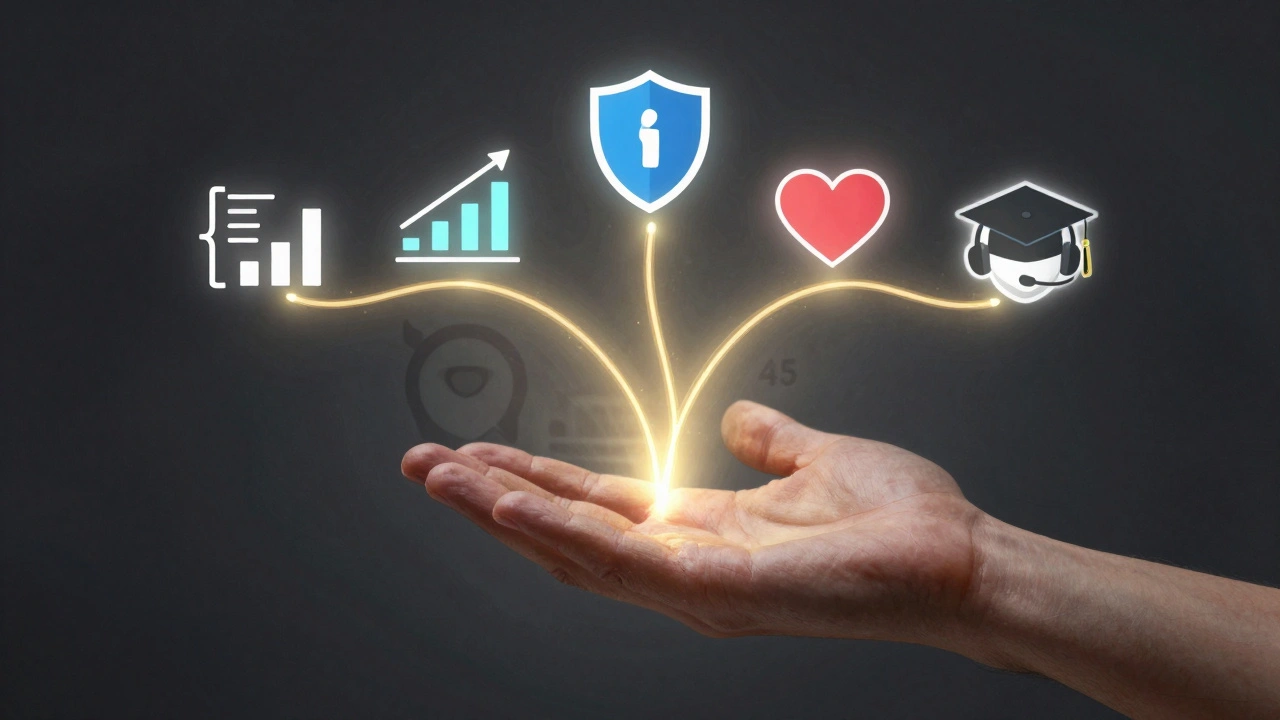 Рука тянется к светящемуся пути с шестью иконками новых профессий после 45 лет.