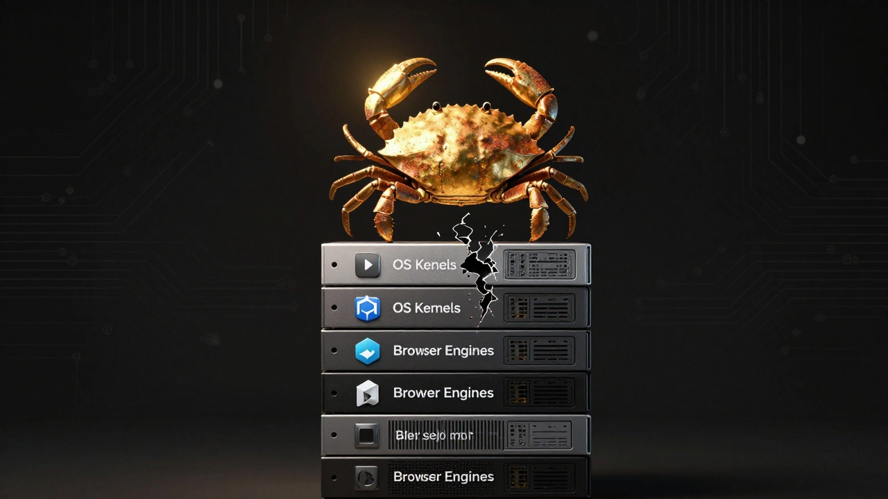 Ржавый краб защищает высокобезопасные системные компоненты золотым щитом, символизируя надежность Rust.