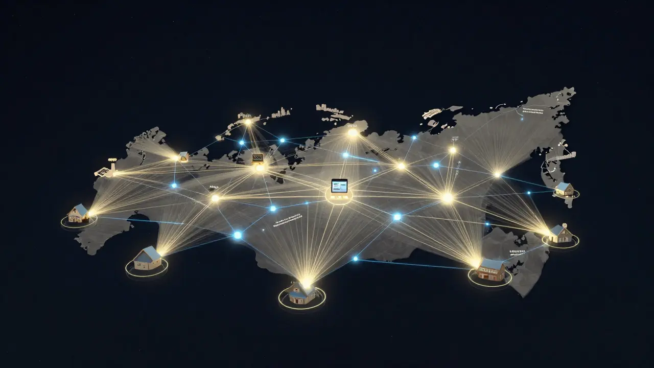 Сеть светящихся линий соединяет деревни России с онлайн-платформами образования, символизируя равный доступ к знаниям.