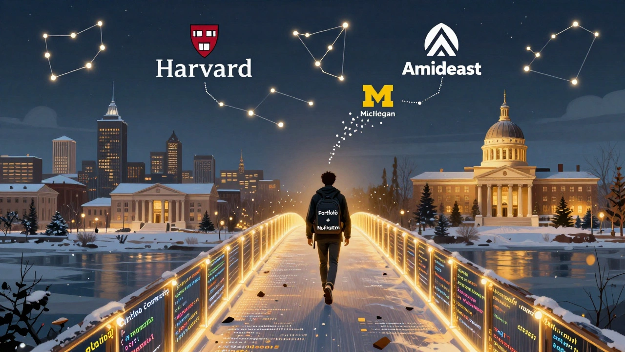 Символический мост из кода и баллов ведёт от России к американскому кампусу, человек идёт по нему.