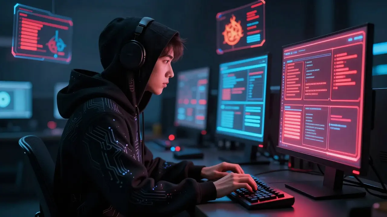 Специалист по кибербезопасности контролирует защитные системы в центре управления с голографическими угрозами.