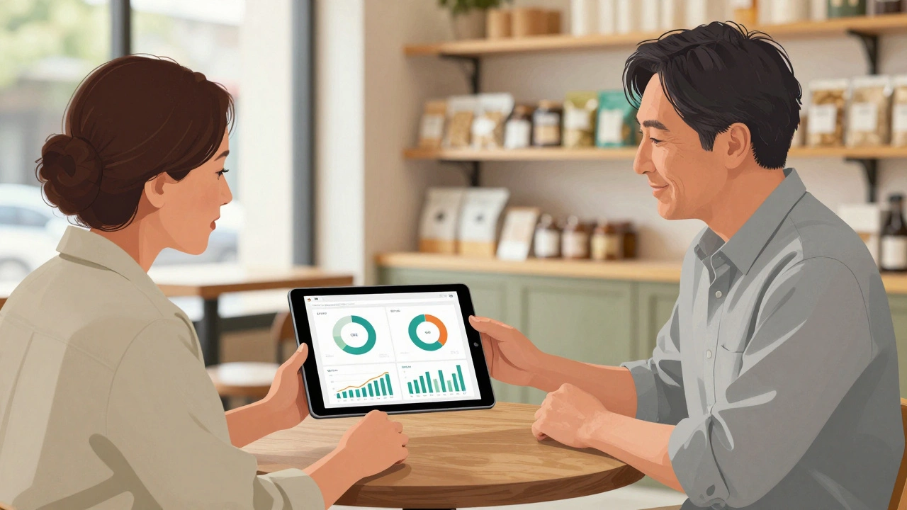 Среднего возраста консультант объясняет аналитику рекламы владельцу малого бизнеса в кафе.