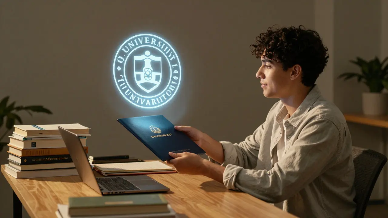 Студент получает диплом через голографическую проекцию на фоне домашнего рабочего стола с учебниками.