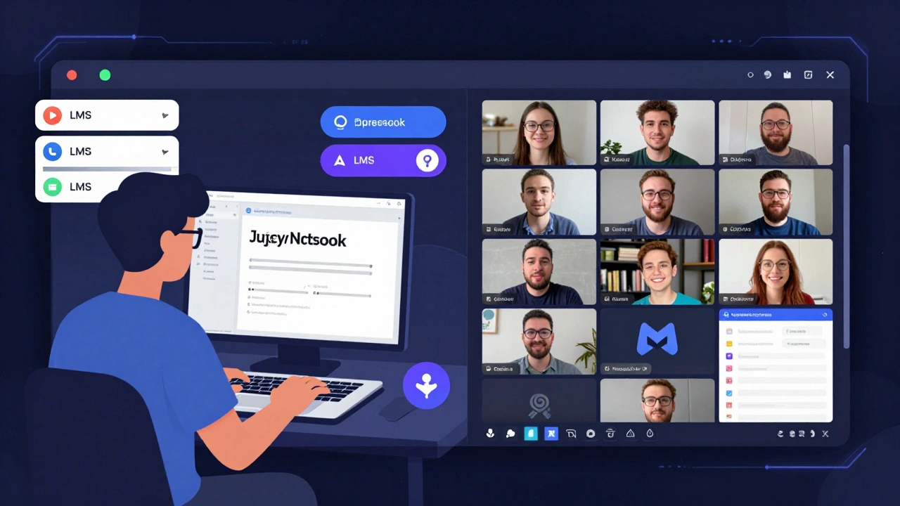 Студент работает с кодом в браузере, одновременно общается с одногруппниками в Discord.