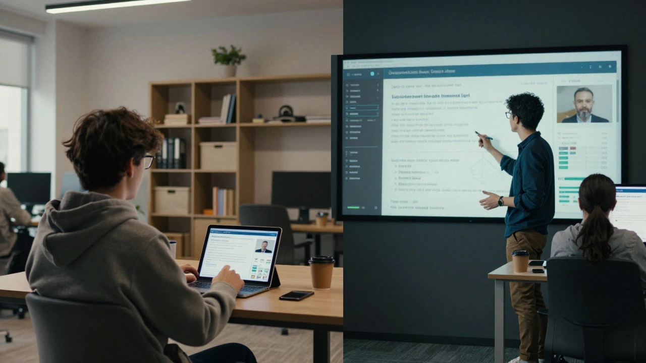 Студент участвует в онлайн-лекции и затем презентует проект в офисе.