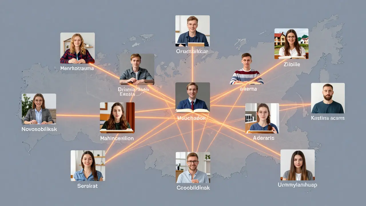 Студенты из разных городов России подключены к единой онлайн-платформе обучения, видны виртуальные лаборатории и видеозвонки.