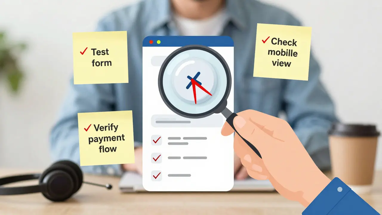 Тестировщик проверяет интерфейс приложения, выделяя ошибки с помощью лупы, на столе заметки с задачами.