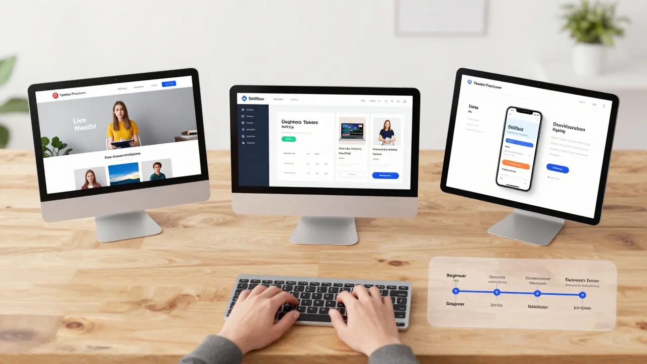 Три онлайн-платформы для обучения IT с реальными проектами на экранах, лежащие на столе.