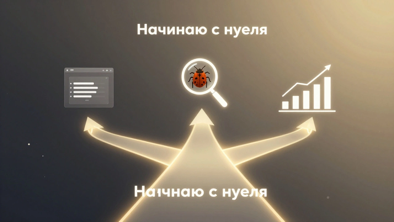 Три пути в IT: веб-интерфейс, лупа над багом и диаграмма роста.