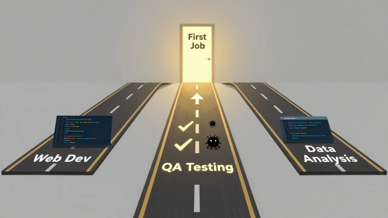 Три светящихся пути к работе в IT: веб-разработка, тестирование и анализ данных, ведущие к двери 'Первая работа'.