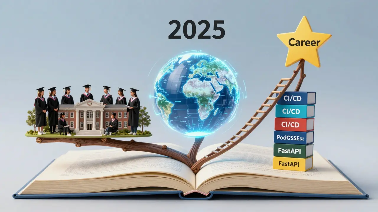 Визуальная метафора образовательных путей: традиционный вуз, удалённое обучение и микропрограммы ведут к карьере.