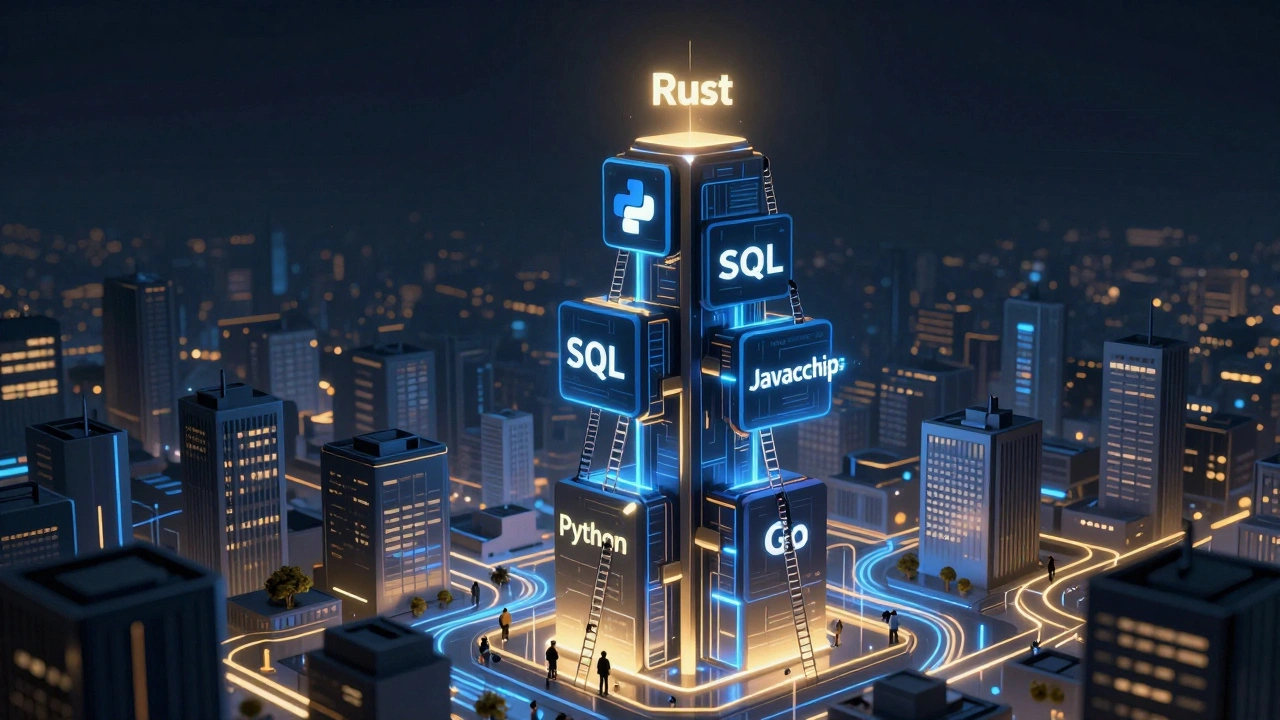 Высокая башня из кодовых блоков Python, SQL и JavaScript растёт над городом, Rust сияет на вершине.