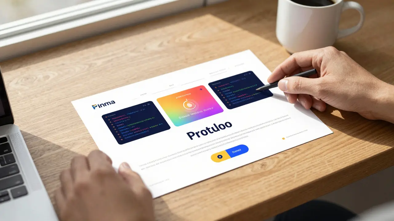 Завершённый портфолио проекта и сертификат на столе, рядом — инструменты для обучения и чашка кофе.