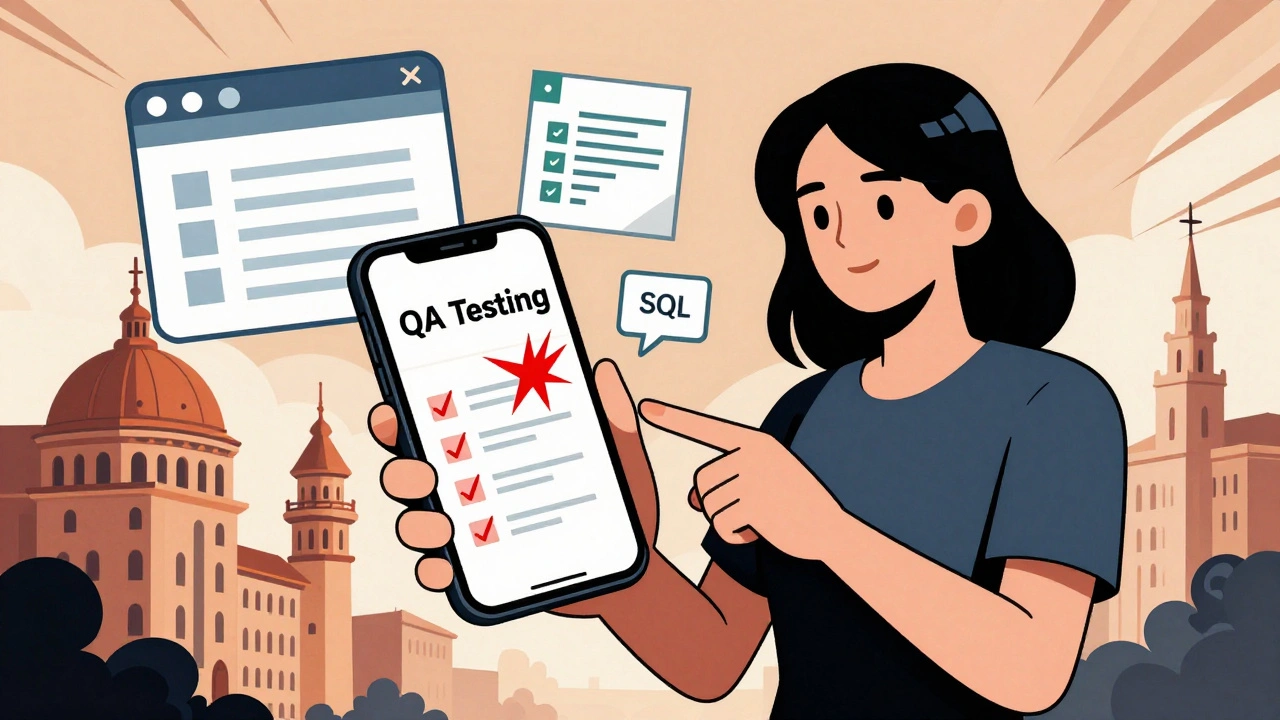 Женщина проверяет баг в приложении на телефоне, держит чек-лист тестирования.