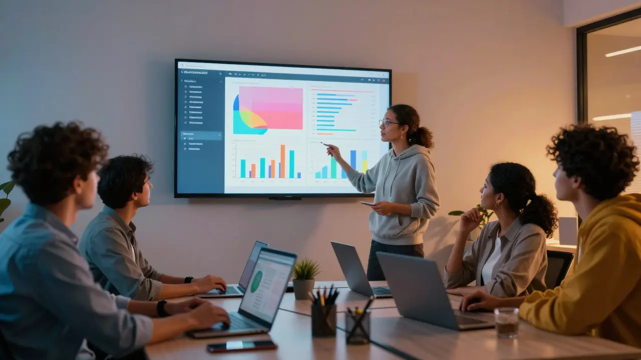 Аналитик представляет данные пользователей на экране перед командой.