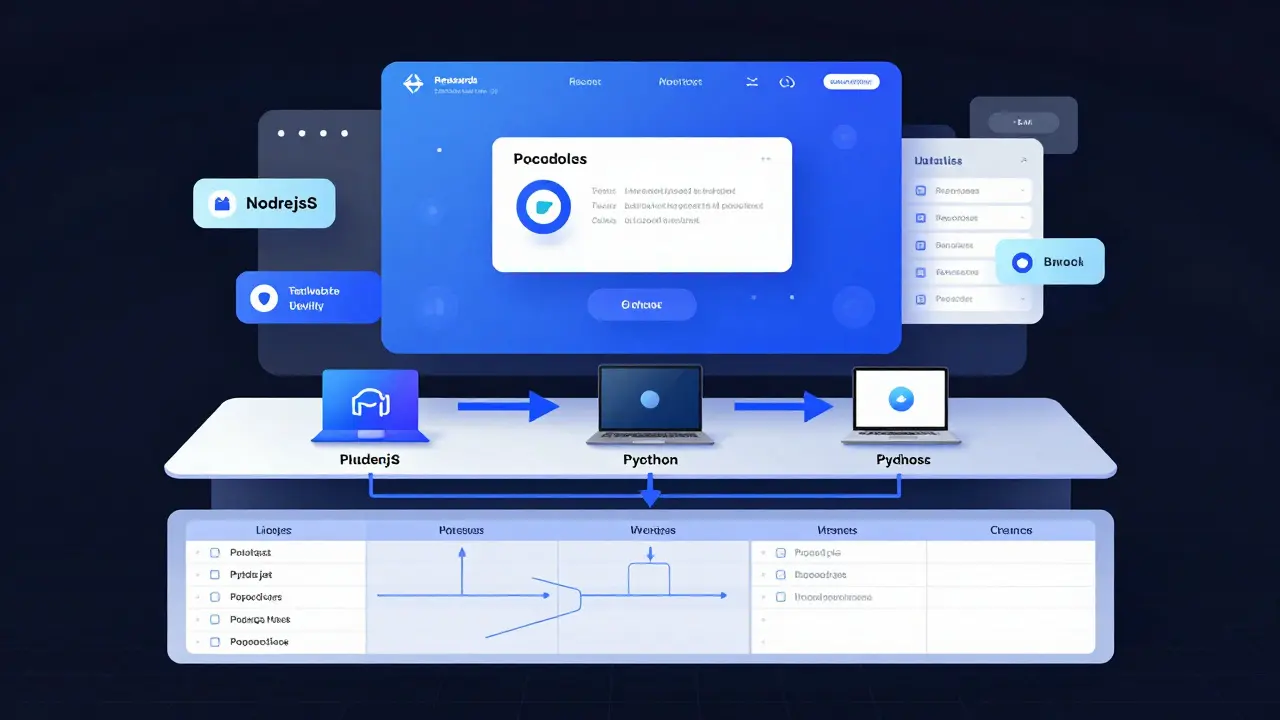Архитектура веб-сайта: база данных, серверы и интерфейс в виде слоев с цифровыми потоками данных.