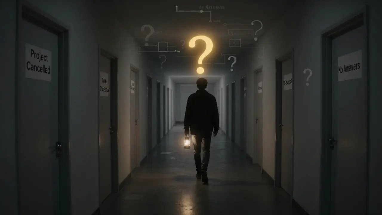 Человек идет по темному коридору с дверями, помеченными как проблемы IT, освещая путь фонариком.