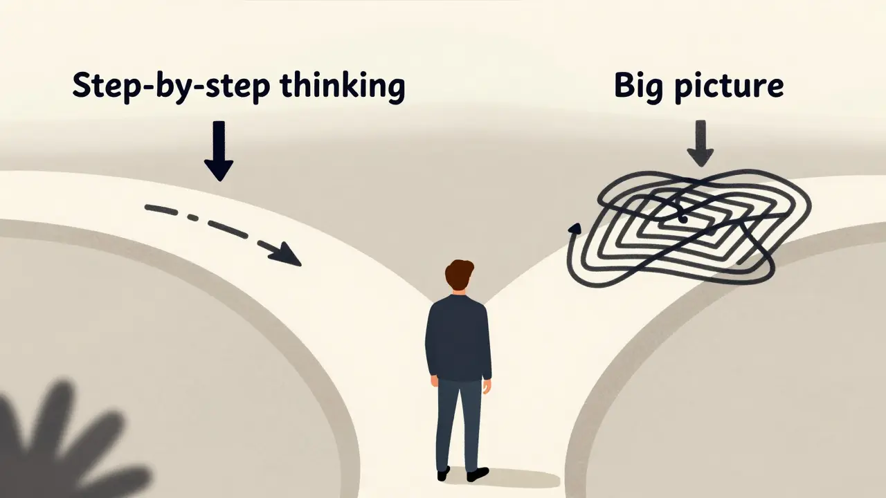 Человек на перекрестке: один путь — четкие шаги, другой — запутанный лабиринт.