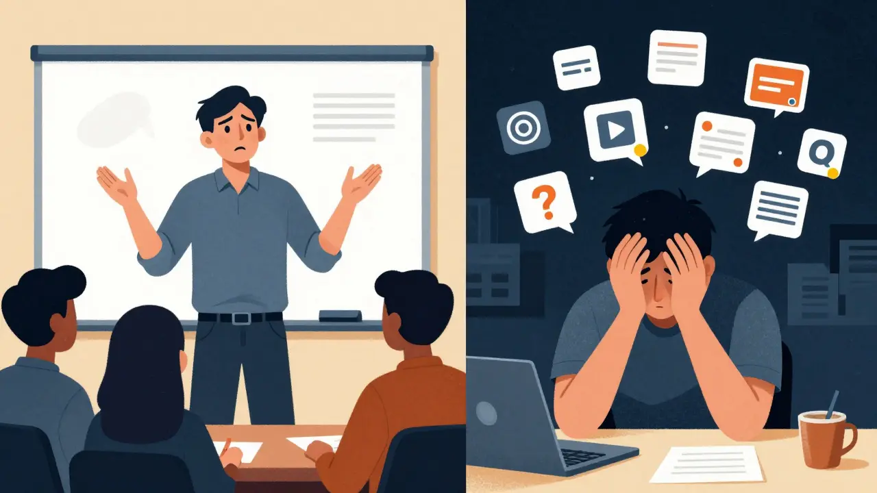 Человек объясняет команде техническую идею, но за спиной — образ одиночества и ошибок.