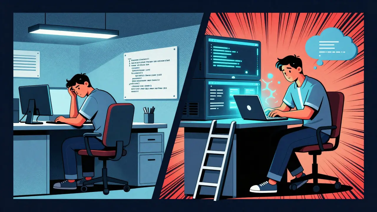 Человек переходит от скучной работы в офисе к карьере в IT, изображённый в двух панелях с кодом и светом.