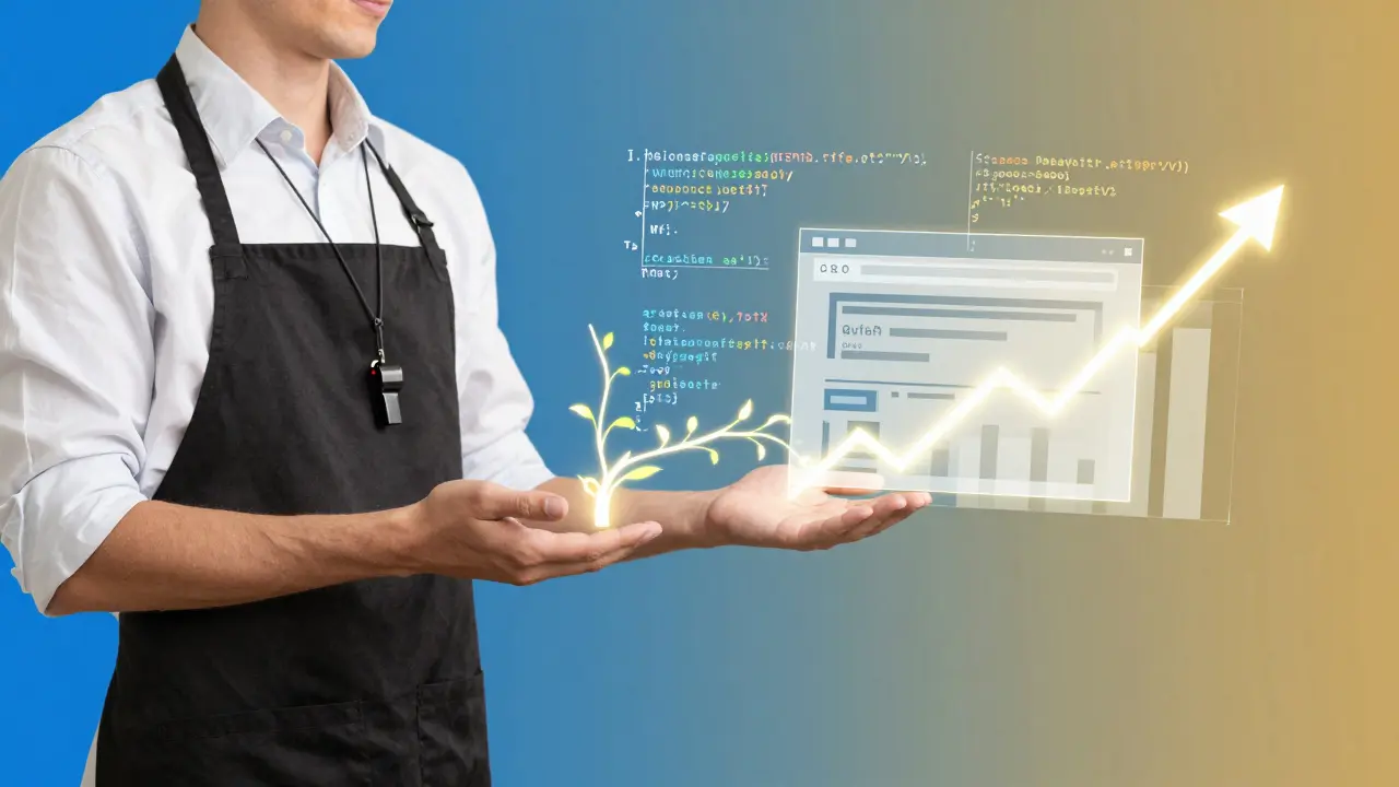 Человек превращается из официанта и учителя в программиста, код светится вокруг него, формируя веб-интерфейс и график зарплаты.