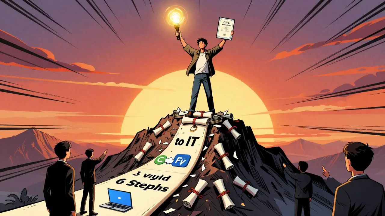 Человек стоит на горе из дипломов, держа сертификаты AWS и CompTIA, путь к IT-карьере виден внизу.